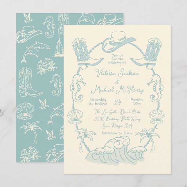 Hand plockade Tropical Coastal Cowboy Beach Weddin Inbjudningar (Fram/baksida)