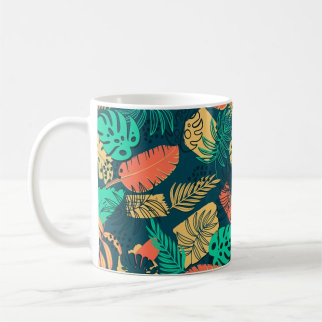 Hand plockade tropik platt mönster. Handflatan löv Kaffemugg (Vänster)