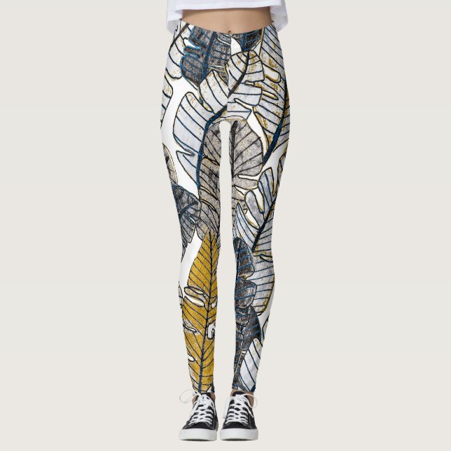 Hand plockade: Tropiska Löv Leggings (Framsida)