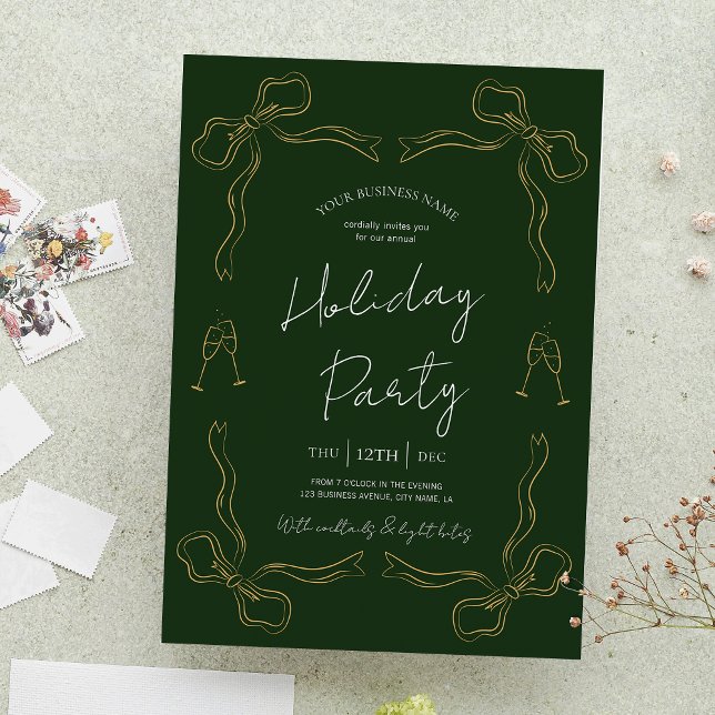 Hand plockade Unik Grönt Business Julfest Inbjudningar (Stand out with these green and gold color business invitations, perfect for your holiday party)