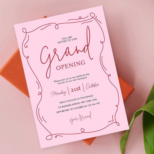 Hand plockade Unik Rosa Grand Open Business Inbjudningar (Whimsical blush pink and red business grand opening invitation design with handwritten fonts)