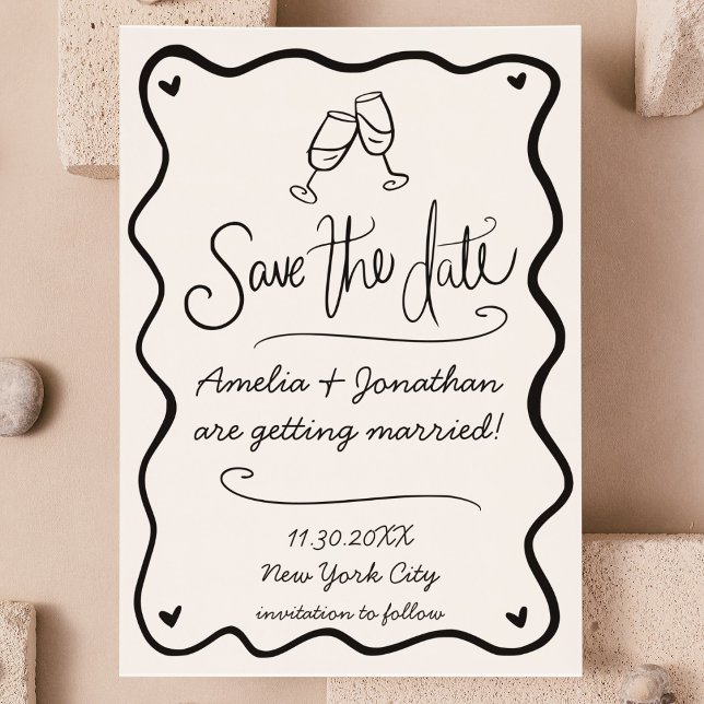 Hand plockade Vågigt Doodle Bröllop spara datum Ph Inbjudningar (hand drawn squiggle wavy doodle save the date photo invitation quirky wedding save the date cheers )
