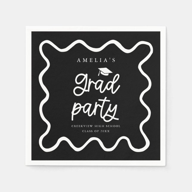 Hand plockade Vågigt Line Black Grad Party Pappersservett (Framsidan)