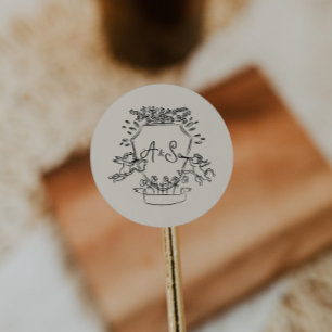 Hand plockade Vapensköld Monogram Bröllop Beige Runt Klistermärke