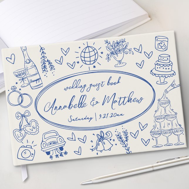 Hand plockade Vintage Blue Whimsical Bröllop Gästböcker (Hand Drawn Vintage Blue Whimsical Wedding Guest Book)