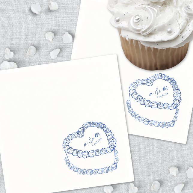 Hand plockade Vintage Cake Blue Whimsical Bröllop Pappersservett (Hand Drawn Vintage Cake Blue Whimsical Wedding Napkins)