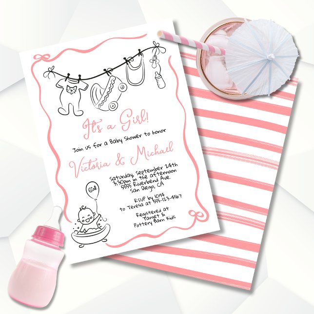 Hand plockade vismisk babyskor Clothesline Girl Inbjudningar (Skapare uppladdad)