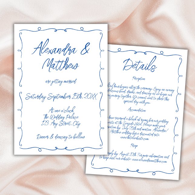 Hand plockade Vitaktig, blå Funky Bröllop Inbjudningar (Hand Drawn Whimsical Blue Colorful Funky Wedding Invitation hand lettered cobalt blue trendy)