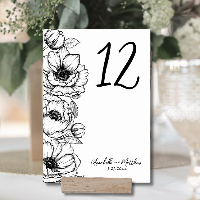 Hand plockade Vitaktig Blommigt Bröllop Bordsnummer (Hand Drawn Whimsical Floral Wedding Table Number )