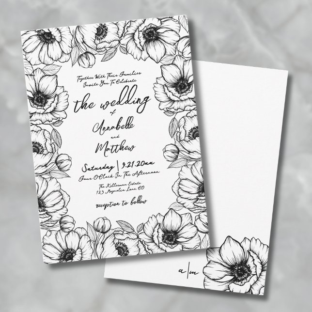 Hand plockade Vitaktig Blommigt Bröllop Inbjudningar (Hand Drawn Whimsical Floral Wedding Invitation)