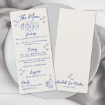 Hand plockade Vitaktig Vintage Blue Bröllop Meny<br><div class="desc">European Inspired Blue and White Whimsical Bröllop Dinner Menu. Det här spännande bröllop-menykortet har en charmerande utformning som inspirerats av italiensk, Fransk och europeisk estetik. En handritad illustration av ställe ger toppen, medan en champagne flaska och glas vid grund accentueras med spridda hjärtan för en romantisk och elegant beröring. I...</div>