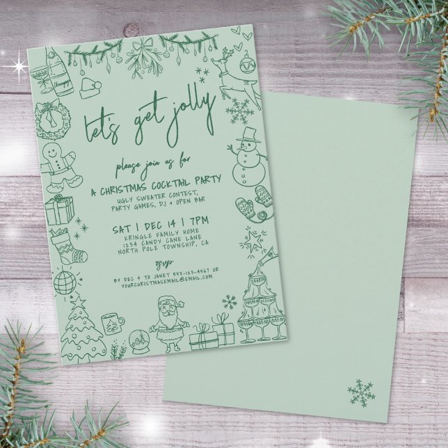 Hand plockade Vitsisk julstjärt Party Inbjudningar (Hand Drawn Whimsical Christmas Cocktail Party Invitation)