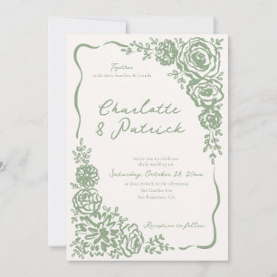 Hand plockade Whimsical Blommigt Sage Grönt Bröllo Inbjudningar