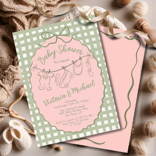 Hand plockade Whimsical boho Baby Shower Clothesli Inbjudningar