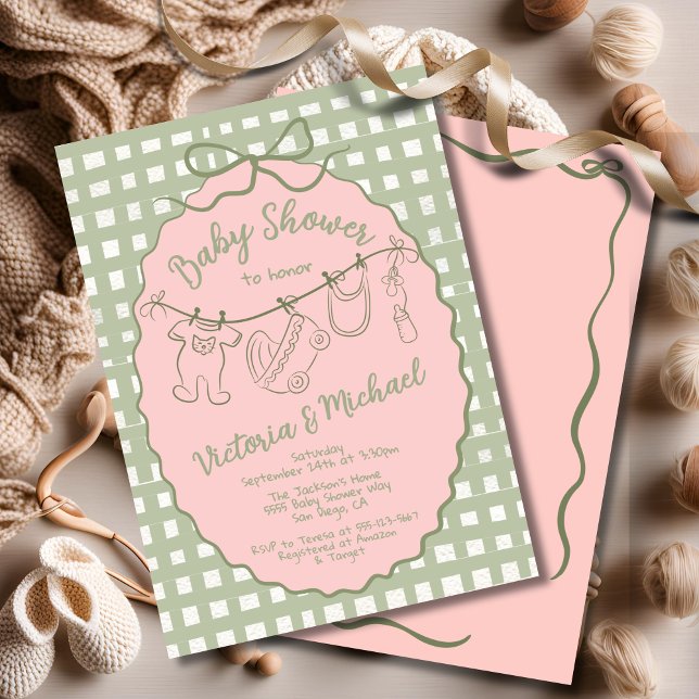 Hand plockade Whimsical boho Baby Shower Clothesli Inbjudningar (Skapare uppladdad)