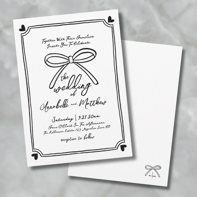 Hand plockade Whimsical Bow Bröllop Inbjudningar (Hand Drawn Whimsical Bow Wedding Invitation)