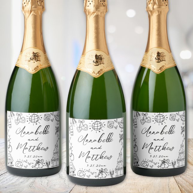 Hand plockade Whimsical Bröllop (Hand Drawn Whimsical Wedding Sparkling Wine Label)