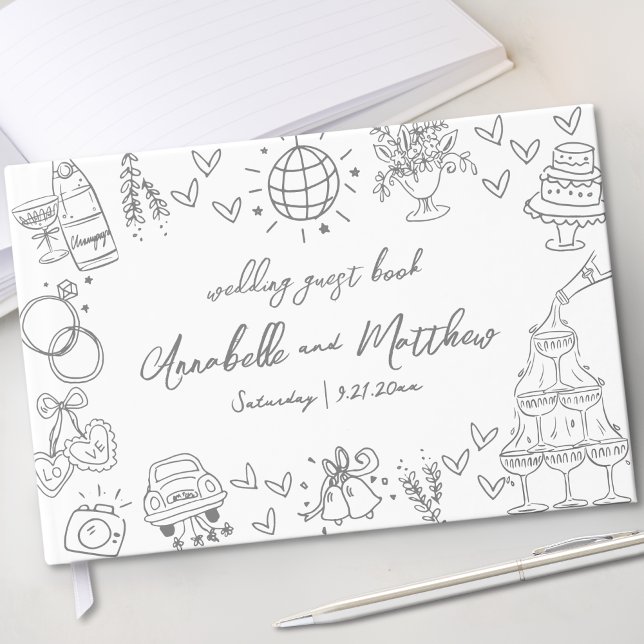 Hand plockade Whimsical Bröllop Gästböcker (Hand Drawn Whimsical Wedding Guest Book)