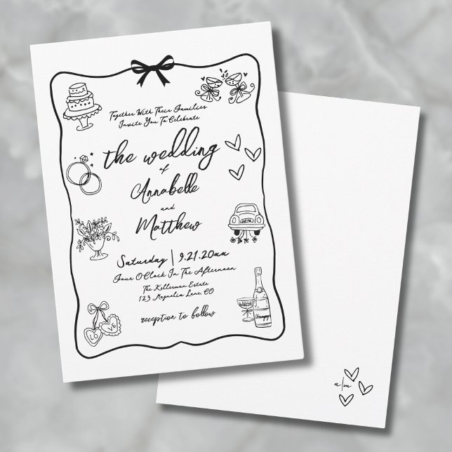 Hand plockade Whimsical Bröllop Inbjudningar (Whimsical Hand Drawn Quirky Wedding Invitation)
