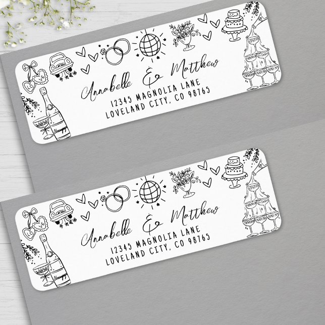 Hand plockade Whimsical Bröllop Returadress Returadress Etikett (Hand Drawn Whimsical Wedding Return Address label)