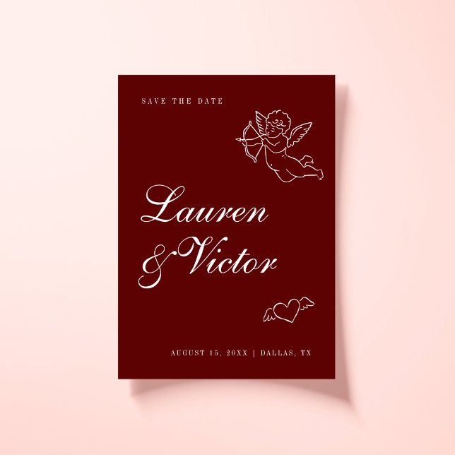 Hand plockade Whimsical Cupid Burgundy Red Bröllop Spara Datumet (Skapare uppladdad)