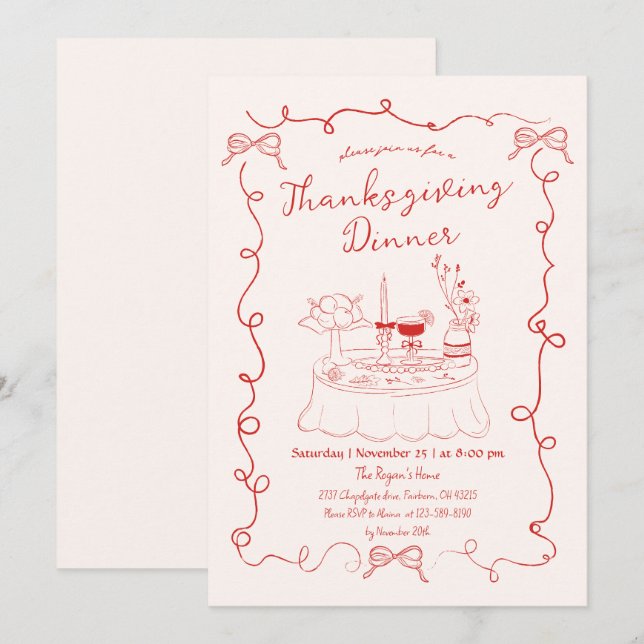 Hand plockade Whimsical Dinner Bord Thanksgiving Inbjudningar (Fram/baksida)