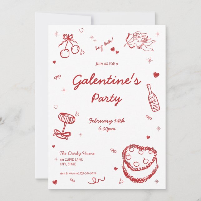 Hand plockade Whimsical Galentines partiinbjudan Inbjudningar (Framsida)