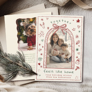 Hand plockade Whimsical jul Bow Doodle Photo Julkort