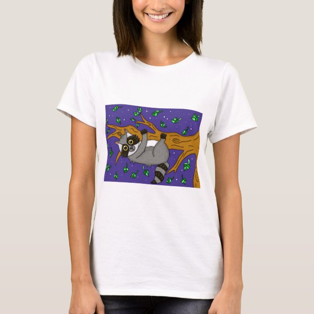 Hand plockade Whimsical Raccoon on a Starry Night T Shirt (Framsida)
