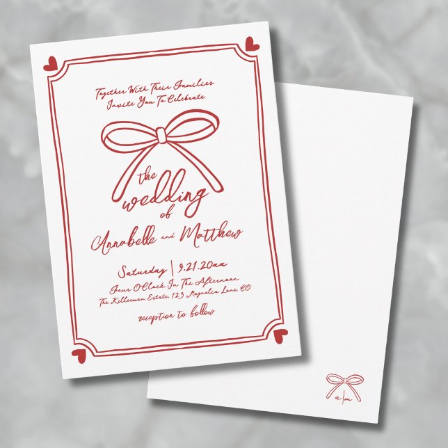 Hand plockade Whimsical Red Bow Bröllop Inbjudningar (Hand Drawn Whimsical Red Bow Wedding Invitation )