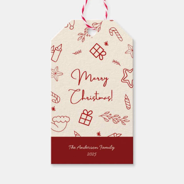 Hand plockade Whimsical Red Doodle-jul Presentetikett (Framsidan)