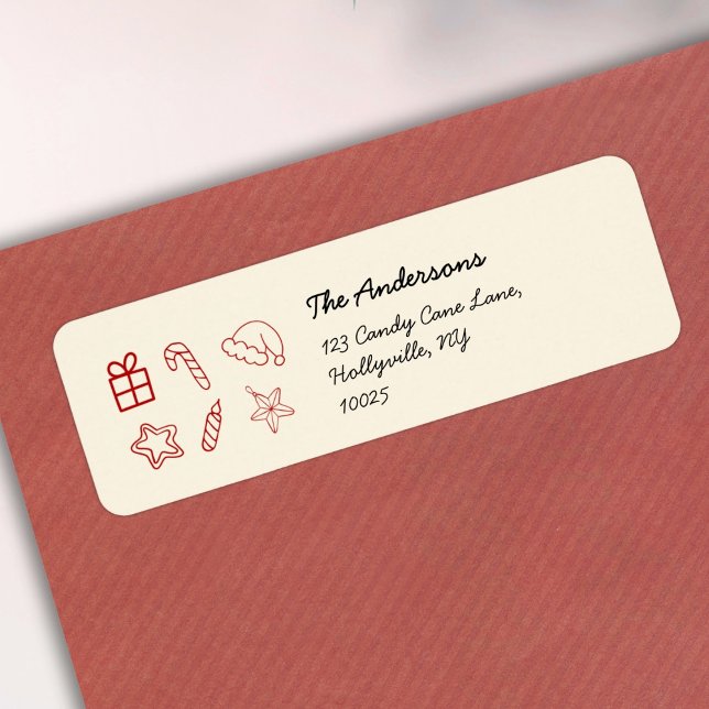 Hand plockade Whimsical Red Doodle-jul Returadress Etikett (Skapare uppladdad)