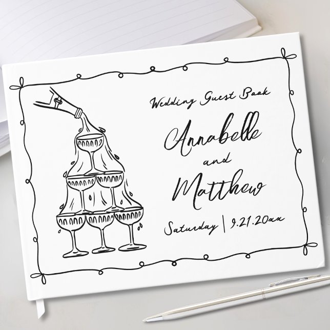 Hand plockade Whimsical Retro Bröllop Gästböcker (Hand Drawn Whimsical Retro Wedding Guest Book )