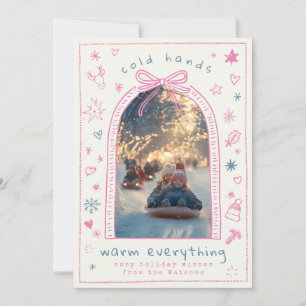 Hand plockade Whimsical Rosa Bow Doodle Photo Julkort