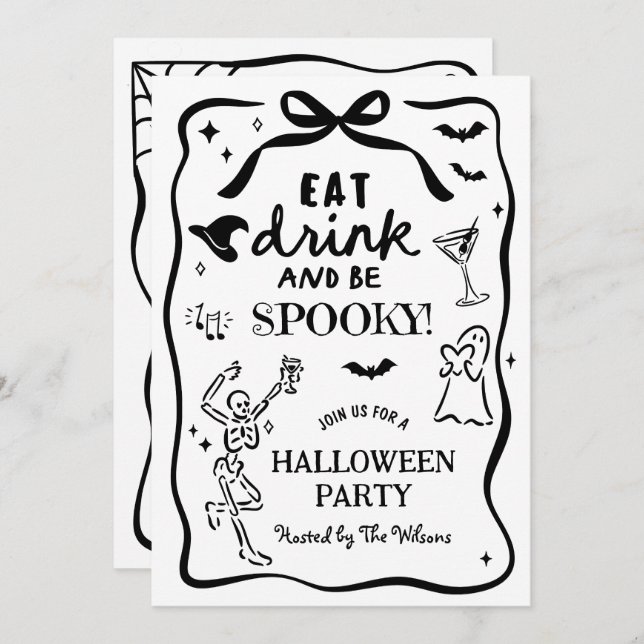Hand plockade Whimsical Skeleton Spooky Halloween Inbjudningar (Fram/baksida)