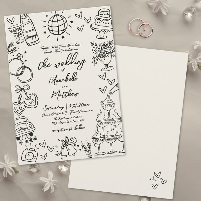 Hand plockade Whimsical Vintage bröllop Inbjudningar (Hand Drawn Whimsical Vintage Wedding Invitation)