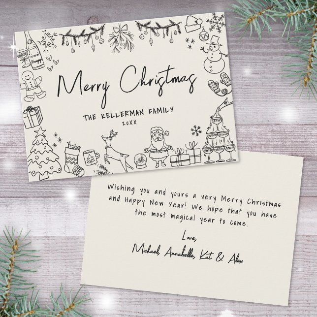 Hand plockade Whimsical Vintage God jul Julkort (Hand Drawn Whimsical Vintage Merry Christmas Holiday Card)