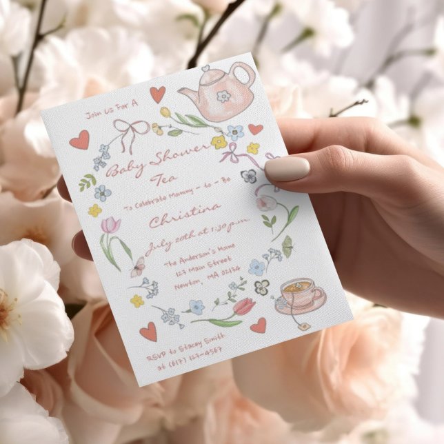 Hand plockade Whimsique Baby Shower Tea Party Inbj Vykort (Skapare uppladdad)
