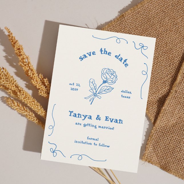 Hand plockade Whimsique Flower Blue Bröllop Spara Datumet (Skapare uppladdad)