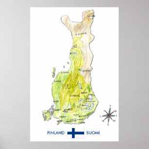 Hand plockadefärgkarta av den Finland affischen Poster