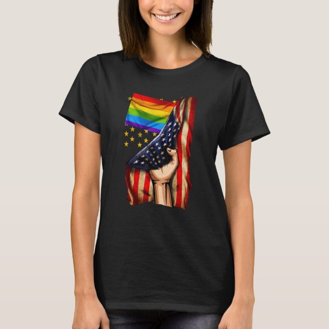 Hand Pulling American Flagga Rainbow Flagga Lgbt G T Shirt (Framsida)