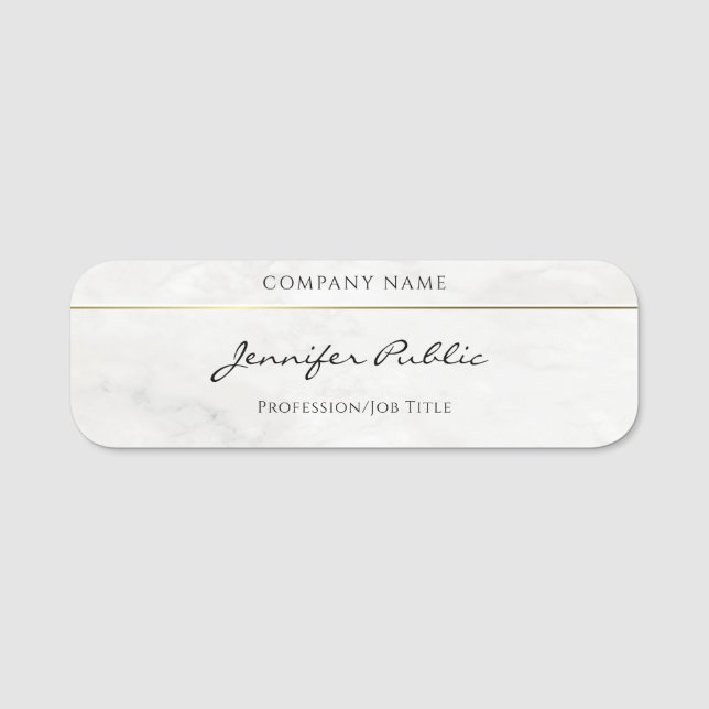 Hand Script Template White Marble Guld, Elegant Namnbricka (Framsida)