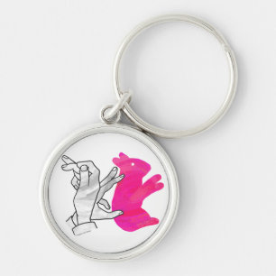 Hand Silhouette Rabbit Rosa Rund Silverfärgad Nyckelring