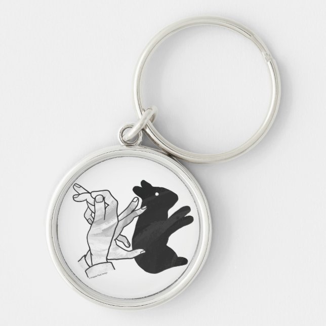 Hand Silhouette Rabbit Rund Silverfärgad Nyckelring (Framsidan)