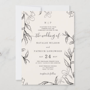 Hand Sketterad fintvätt Blommigt Beige Bröllop Inbjudningar