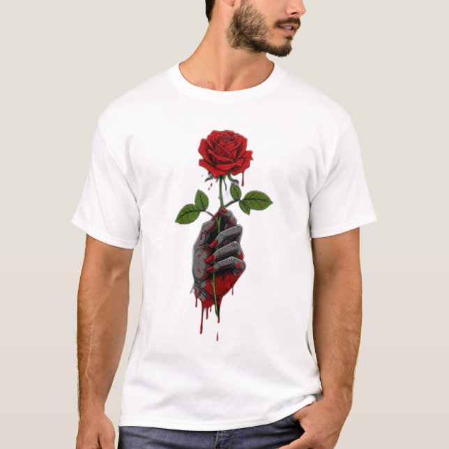 Hand som håller en törnig ros med blodillustration t shirt (Framsida)