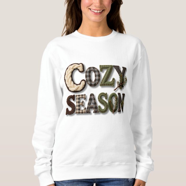 Hand Stitched Cozy Season Winter Text Sweater T Shirt (Framsida)