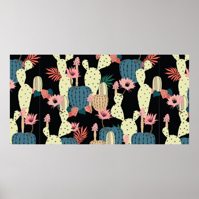Hand teckning Cactus Plant och Blommor Sömlösa Pat Poster (Framsidan)