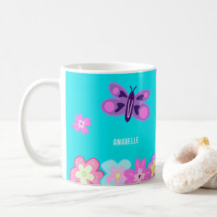 Hand Teckning Colorful Tecknad Flowers & Butterfly Kaffemugg