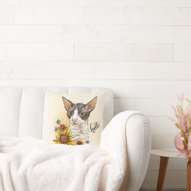 Hand teckning Cornish Rex-katt med solblommor Kudde (Soffa)